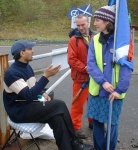 this young man was sat on the roundabout at Faslane, patiently knitting and as a result people kept going over and chatting with him, somehow he (or his knitting) were magnetic