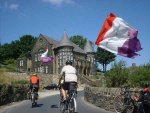 cyclists on the opening ride of National Cycle Network route 68, The Pennine Cycleway, passing this amazing chapel near Sowerby Bridge in Yorkshire with its echoes of Castell Coch in its conical towers