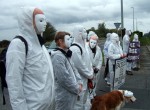As part of the Keep Space for Peace week, the Invisibles visited the American Spy Base at Menwith Hill in North Yorkshire, making the invisible visible.
The base entrance was blocked, even if only temporarily.
Missile Defence is very much still on the US/UK Agenda but is largely unreported in the mainstream media.