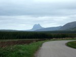 revisiting it, this time I approached the Atlantic coast of Wester Ross from Rogart near the North Sea coast of Sutherland. Here I got my first view of Suilven after a long uphill climb on the road from Lairg