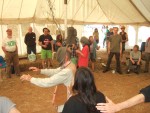 each blindfoldee had a sighted supporter who's role it was to give them verbal directions to enable them to catch another blindfoldee. The rest of us just had to keep them in the circle.