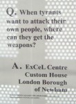 For more about East London Against the Arms Fairs who organise the musical protests once a month click here
While on their site make sure you watch the brilliant video 'Where is the Love?' made by youngsters from the school adjacent to Excel with the great interrogation of the manager of the Arms Fair by one of the schoolgirls.