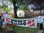 a banner against the proposed WYLFA B new nuclear power station proposed for Wales
