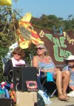 a couple of the audience relaxing in the sun

In this photo can be seen a banner for 'The Land'
An interesting and beautifully illustrated occasional magazine covering issues relating to land rights, rural life, agriculture, sustainable development and land access. The latest issue has 'Mr Lud's Song' in which
Theo Simon of Seize The Day traces the history of Luddism through the movement's songs.
For more about the magazine click here
