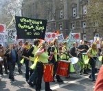 Sheffield Samba Band in Whitehall. Later they had an excellent session in Hyde Park with other musicians, fire jugglers and lots of dancing.