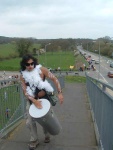 this drummer marched most of the way - coming here to join the samba band on the bridge