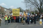 regrouping just after Reading - from here the march went along country lanes with no pavements so the police were forced to let us march in the road and even provided a bit of an escort- the policeman driving the police car behind was the first Thames Valley I saw smile & be friendly to us