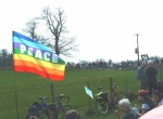 peace flag at Burghfield - down the road in the background is where they make Britain's nuclear weapons