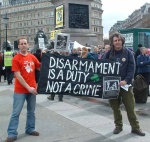 London to Aldermaston March, Easter 2004, to oppose the development of new weapons of mass destruction here in England 

Here pitstop ploughshares members giving their message [years later, after 3 trials, they were found 'Not Guilty' -Hooray!]