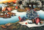 I love the colours in this french postcard, 'Le pique-nique du coq', by L. Stolfa