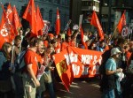 a collection of red flags flying