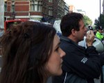Mark Thomas, comedian, on the megaphone, raising our spirits and cheering us on