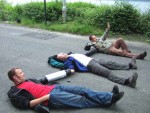 the three spread themselves out and halt the traffic