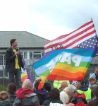 Despite the showers, Mark Steel joined many others at this demonstration at Menwith Hill, key part of George Bush's Missile Defence System.