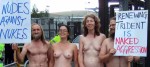 September 5th 2007 Not enough cyclists turned up for a critical mass style action and since 3 protesters had cycled into the base the day before, the cyclists foxed the police with a sudden 'Nudes Against Nukes' protest at the North Gate of the Faslane Nuclear Base
