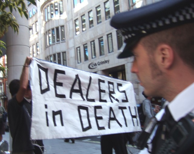 Once again, opening on September 11th of all days, the arms dealers were back in town, in London's Docklands with the full support of our government.
And once again we were back protesting against this immorality.