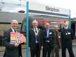 November 30th saw the launch of the JMP Consultants Study into the Re-opening of the Colne to Skipton railway. This takes the Campaign onto another level, proving the business case as well as highlighting wider economic, social and environmental benefits.
Here, Derek Jennings, Selrap Chair with Cllr Cllr Manuel Camacho, Vice Chair of Craven District Council, Alan Beswick from JMP Consultants, Andy Shackleton, SELRAP Liaison Officer, and Eric Jaquin, Deputy Mayor of Skipton, on Skipton Railway Station