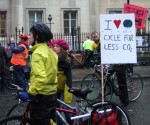 Many of the placards and banners highlighted the benefits of cycling - this about reducing carbon dioxide emissions