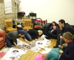 The night before - preparing flags at LARC       (London Action Resource Centre)in Whitechapel under Cara's guidance