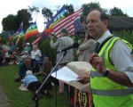 Martin Schweiger, Quaker, doctor, activist and host for the day.
Martin illustrated how this US Communication base is pathetic at communicating with the public by reading out a series of unanswered letters he wrote culminating in an abyssmal reply